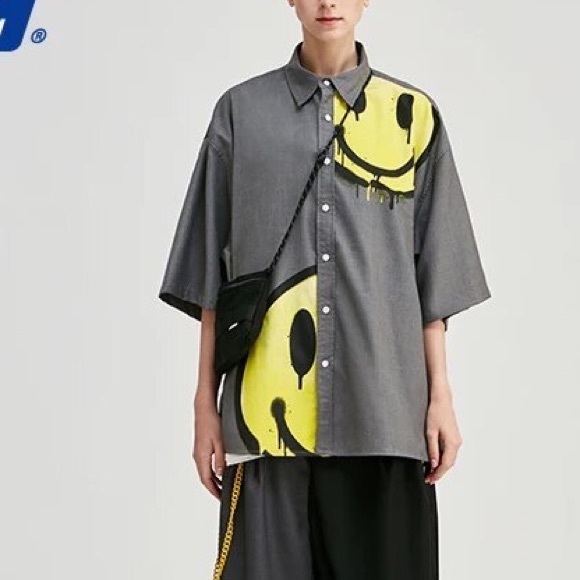 Tshirt smiley face men t-shirt gray top loose button collar - Picture 2 of 5